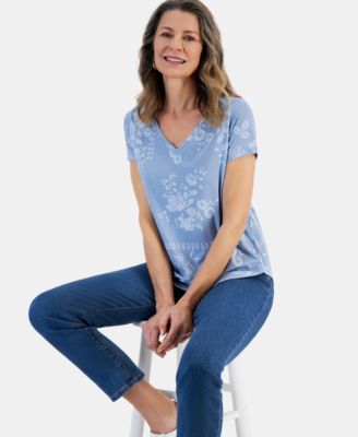 Style & Co - Women's Floral-Print V-Neck Jersey T-Shirt