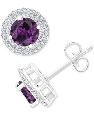 Macy's - Amethyst (1-1/2 ct. t.w.) & Lab-Grown White Sapphire (1/2 ct. t.w.) Halo Birthstone Stud Earrings in Sterling Silver (Also in Additional Birthstones)