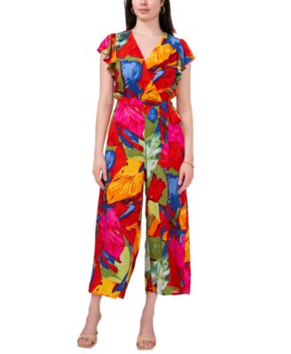Sam & Jess - Women's Printed Tie-Waist Flutter-Sleeve V-Neck Jumpsuit