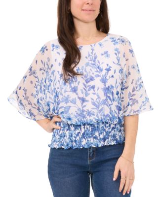 Sam & Jess - Petite Printed Round-Neck Smocked-Waist Top