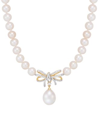 Honora - Cultured Freshwater Pearl (5 & 8-1/2mm) & Diamond (1/5 ct. t.w.) Ribbon 17" Collar Necklace in 10k Gold