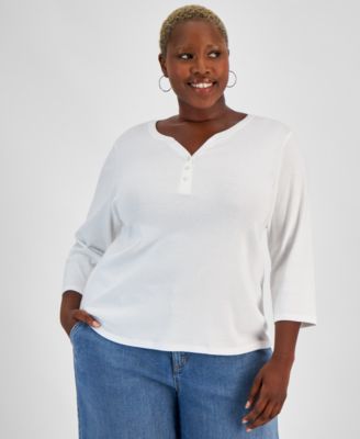 Style & Co - Plus Size 3/4-Sleeve Cotton Henley Top