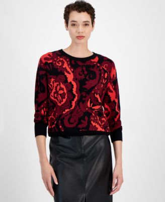 T Tahari - Women's Paisley-Print Crewneck Long-Sleeve Sweater