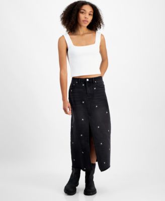 Indigo Rein - Juniors' Embroidered Denim Midi Skirt