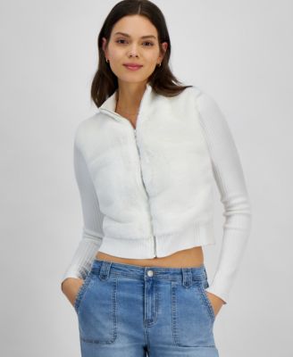 Ultra Flirt - Juniors' Faux-Fur-Trim Zip-Front Cardigan
