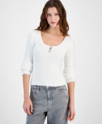 Planet Heart - Juniors' Bow-Trim Scoop-Neck Eyelash Sweater