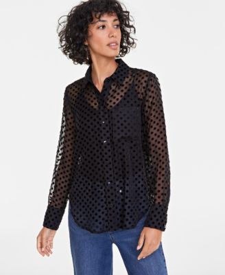 On 34th - Women's Chiffon Flocked Polka-Dot Shirt