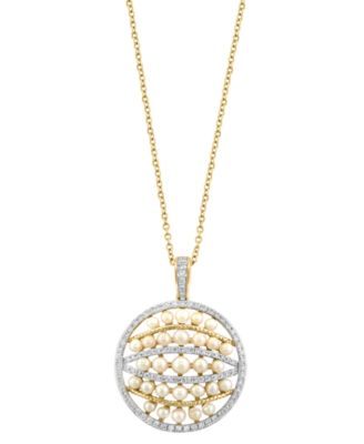 EFFY Collection - Cultured Freshwater Pearl (2-3mm) & Diamond (1/3 ct. t.w.) Multirow Circle Cluster 18" Pendant Necklace in 14k Gold