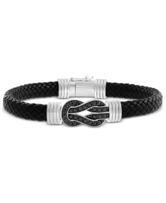 EFFY Collection - Men's Black Spinel Infinity Loop Woven Leather Bracelet (1-5/8 ct. t.w.) in Sterling Silver
