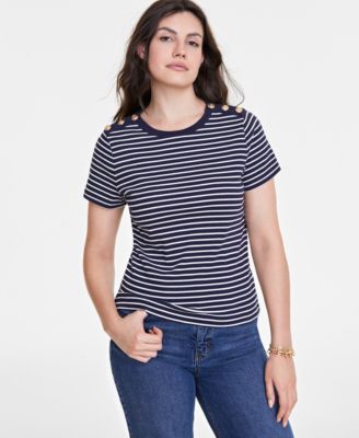 On 34th - Women's Striped Button-Shoulder T-Shirt