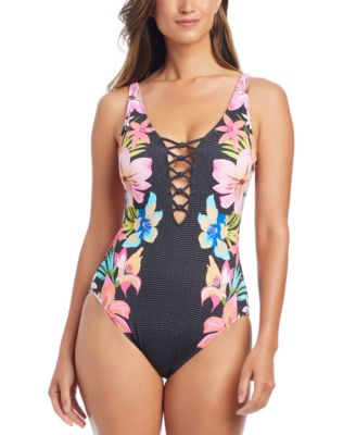 Bleu by Rod Beattie - Women's Sweet Escape Floral-Print Lace-Down One-Piece Swimsuit