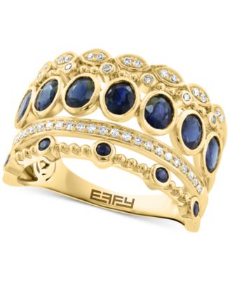 EFFY Collection - Blue Sapphire (1-3/8 ct. t.w.) & Diamond (1/6  ct. t.w.) Multi-Row Ring in 14k Yellow Gold