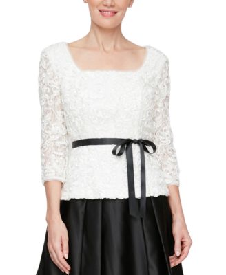 Alex Evenings - Women's 3Square Neck Soutache Lace Belted Blouse