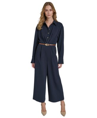 Halston - Women's Pinstripe Long-Sleeve Belted Wide-Leg Jumpsuit