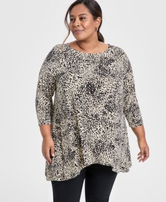 JM Collection - Plus Size Slash Cheetah Scoop-Neck Tunic