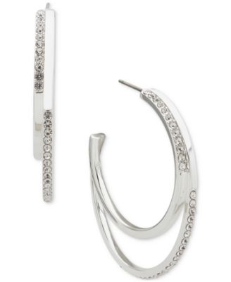 Anne Klein - Silver-Tone Crystal Pav&eacute; Double Medium Hoop Earrings, 1.39"