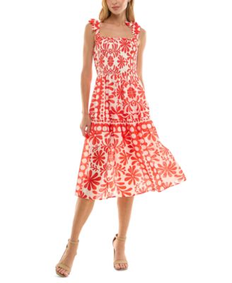 Crystal Doll - Juniors' Square-Neck Tie-Straps Smocked A-line Dress