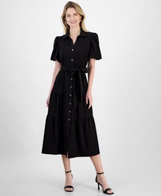 T Tahari - Women's Puff-Sleeve Belted Tiered Dress