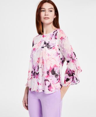 Kasper - Women's Floral Ruffled Bell-Sleeve Top