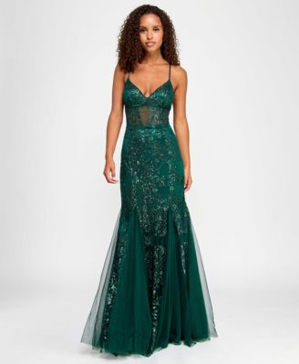 Say Yes - Juniors' Sequin Mesh-Inset Mermaid-Skirt Gown