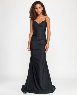 Say Yes - Juniors' Studded Cowlneck Ruched Floor-Sweeping Gown