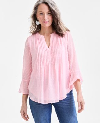 Style & Co - Women's Swiss-Dot Pleated Split-Neck Top
