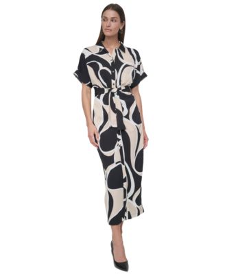 DKNY - Women's Short-Sleeve Tie-Waist Button-Front Dress