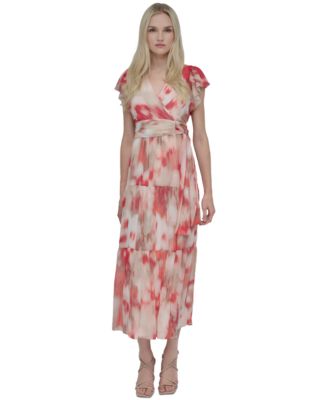 DKNY - Women's Printed Flutter-Sleeve Tie-Waist Maxi Dress
