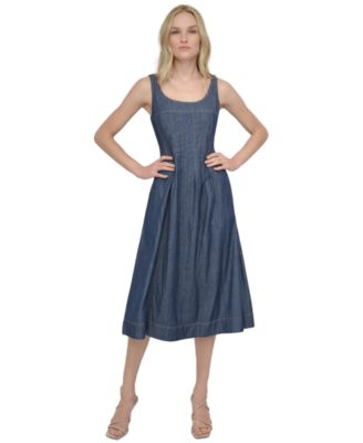 DKNY - Petite Scoop-Neck Sleeveless Fit & Flare Denim Dress
