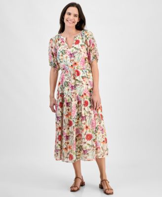julia jordan - Women's Printed Short-Bubble-Sleeve Midi DressWomen's