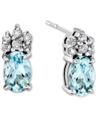 Macy's - Aquamarine (3/4 ct. t.w.) & Diamond (1/10 ct. t.w.) Oval Cluster Stud Earrings in 14k White Gold