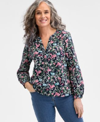 Style & Co - Floral-Print Gauze Popover Long-Sleeve Top
