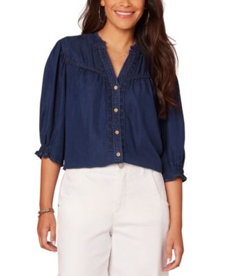 Democracy - Women's Crochet Trim Button-Front Ruffle Shirt