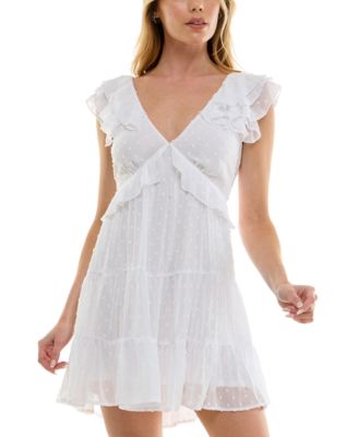 Trixxi - Juniors' Clip-Dot Ruffled V-Neck Tiered Dress