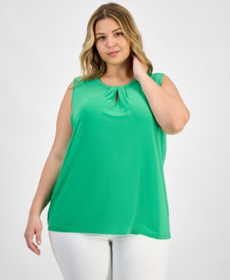 Kasper - Plus Size Sleeveless Pleat-Neck Keyhole Top