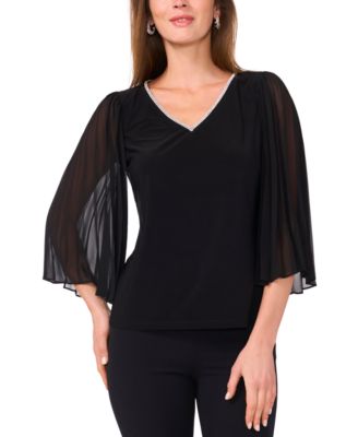 MSK - Women's Rhinestone-Trim Flutter-Sleeve Top