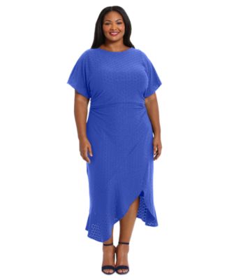 London Times - Plus Size Textured Asymmetric-Hem Short-Sleeve Midi Dress