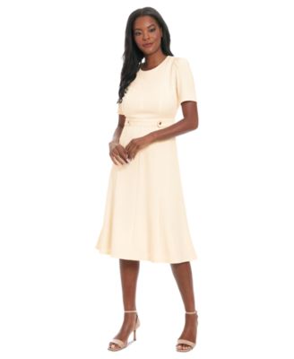 London Times - Petite Crewneck Button-Tab Short-Sleeve Midi Dress