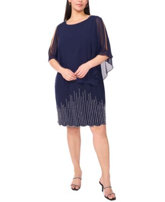 MSK - Plus Size Beaded Cape-Overlay Shift Dress