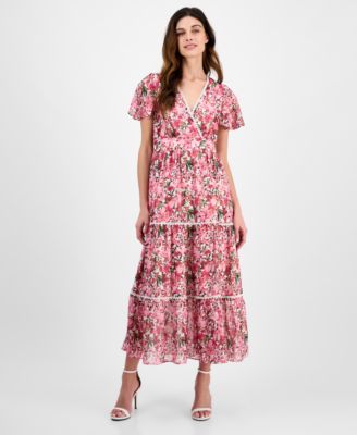 Anne Klein - Women's Printed Surplice-Neck Flutter-Sleeve Dress