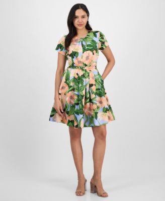 Tahari ASL - Petite Floral Belted Pleated Short-Sleeve Dress