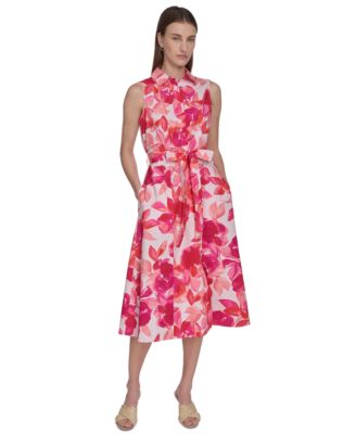 Calvin Klein - Women's Printed Cotton Tie-Waist Shirtdress