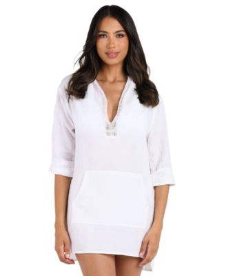 La Blanca - Women's Seaside Hoodie with Kangaroo Pocket & Crochet Edging Detail Cover-Up