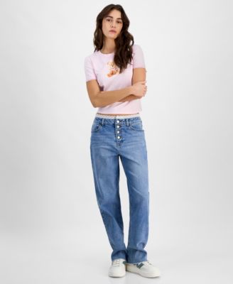 Tinseltown - Juniors' High-Rise Lace-Trim Boyfriend Jeans