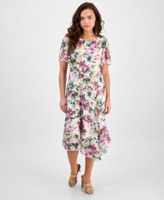 Connected - Petite Printed Asymmetric Flutter-Sleeve Dress