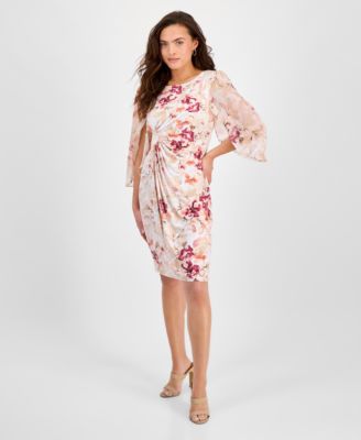 Connected - Petite Floral-Print Ruched Cape-Sleeve Dress