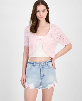 Ultra Flirt - Juniors' Pointelle-Knit Tie-Front Cardigan