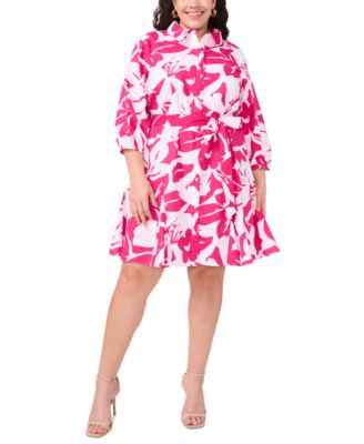 MSK - Plus Size Cotton Floral-Print Belted Shirtdress