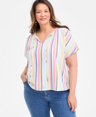 Style & Co - Plus Size Tie-Neck Short-Sleeve Cotton Camp Shirt