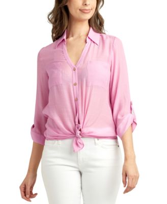 BCX - Juniors' 3/4-Sleeve Tie-Front Gauze Shirt